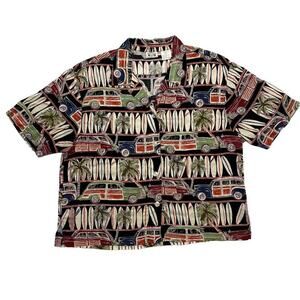 Weekend Clothes Line Hawaiian Shirt Button Up Retro Cars Surfboards Multicolor